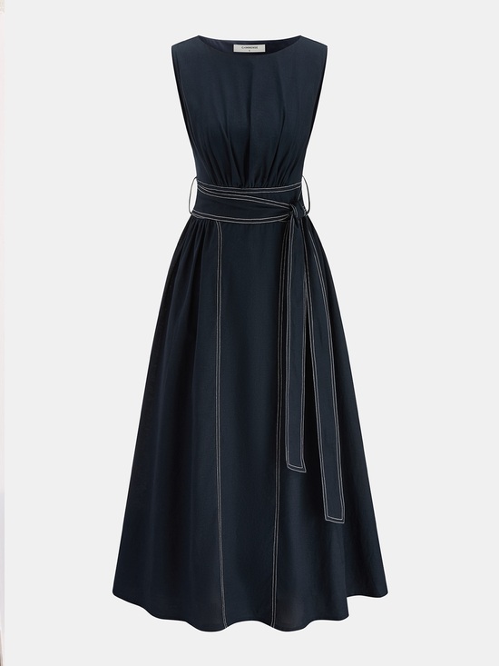 Commense Dresses & Skirts - Commense Navy Maxi Dress with Contrast White Stitching and Tie Belt